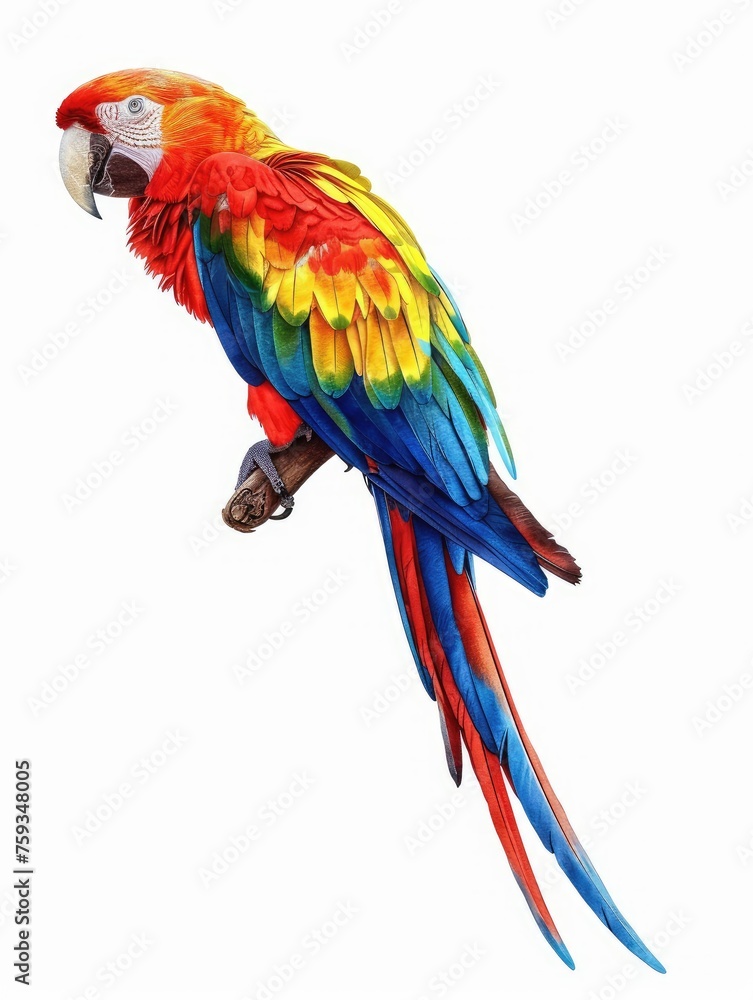 Naklejka premium Vibrant scarlet macaw perched and profiled - A magnificent scarlet macaw perched on a branch, vibrant feathers fully displayed in detailed profile view