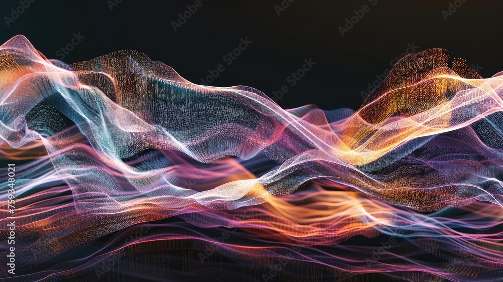 Fototapeta premium Vivid waves of digital particles in motion - Flowing streams of multicolored digital particles create a sense of dynamic movement, simulating virtual wave patterns