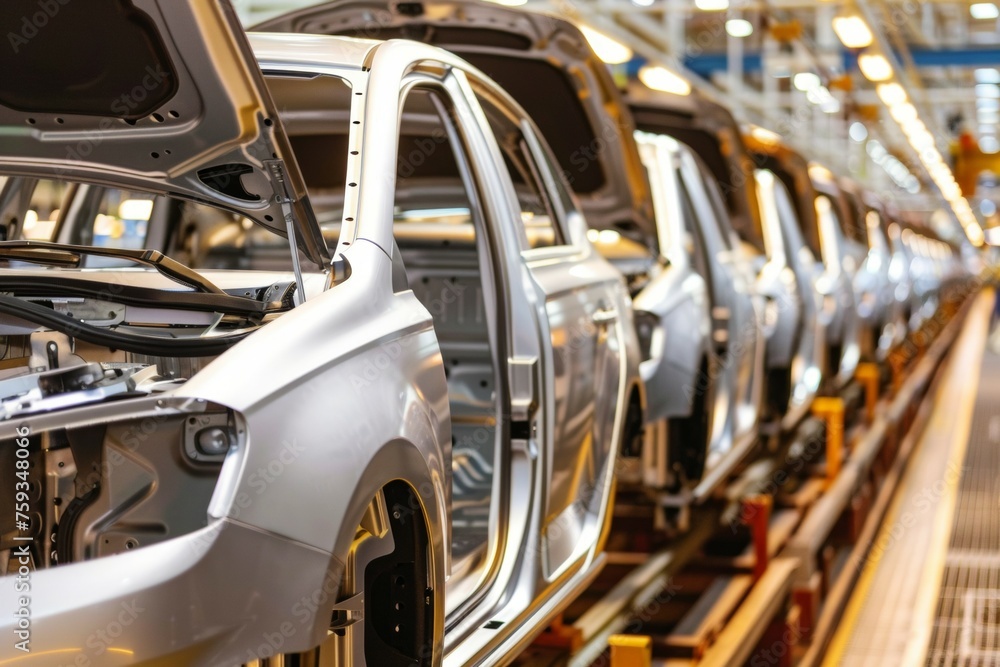 A line of cars are being built in a factory A line of cars are being built in a factory
