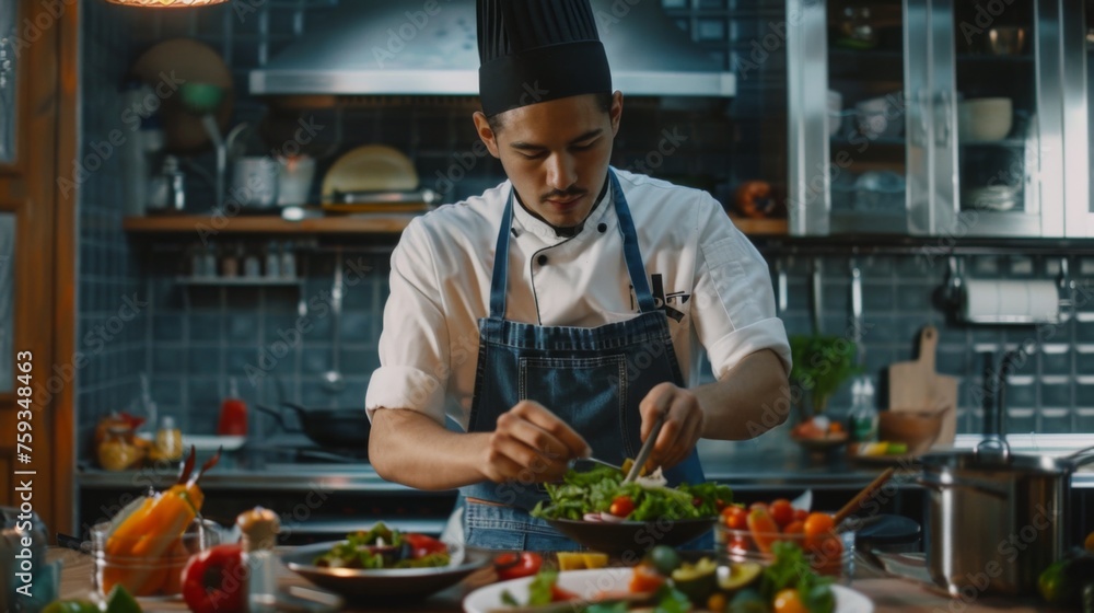 Chef is preparing a meal in the kitchen