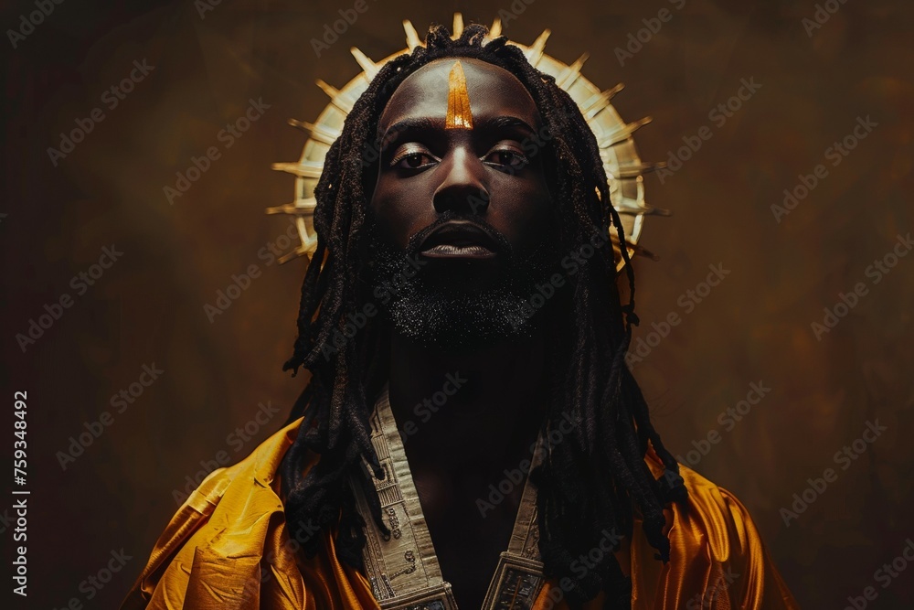 A man with dreadlocks and a gold crown on his head