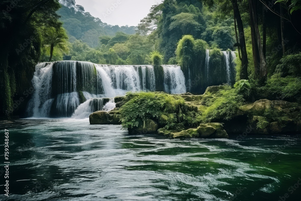 Fototapeta premium Majestic Waterfall in Lush Green Jungle with Rugged Rocks and Vibrant Plants Creating a Mystical and Misty Atmosphere, Tranquil Water Surface, Perfect Oasis in Nature