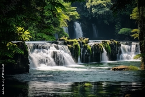 Clear water cascades over mossy rocks in a lush forest. Green-blue hues sparkle in sunlight  creating a serene ambiance. Dappled light dances on the ground from trees  enhancing the tranquil scene.