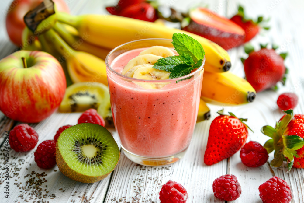 Multyfruit smoothie in a glass cup on a white wooden table, view from above, close-up Multyfruit smoothie in a glass cup on a white wooden table, view from above, close-up