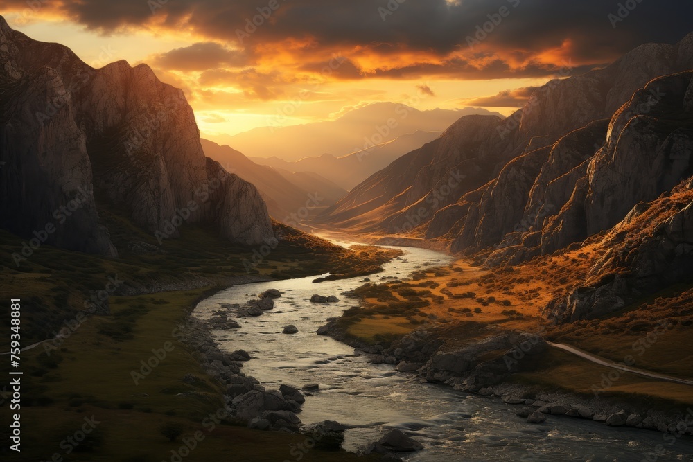 Spectacular autumn scenery of a vibrant sunset casting warm hues over the majestic mountains and serene river, with fluffy clouds and golden sunlight illuminating the picturesque valley landscape.