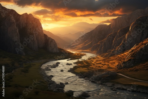 Spectacular autumn scenery of a vibrant sunset casting warm hues over the majestic mountains and serene river, with fluffy clouds and golden sunlight illuminating the picturesque valley landscape.