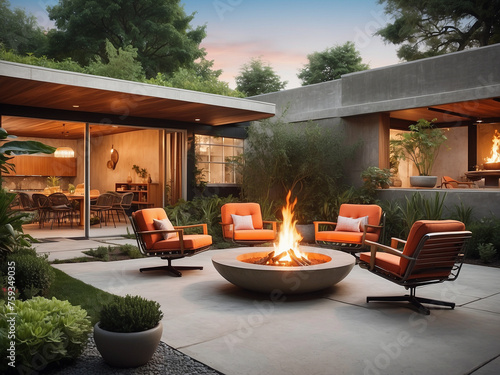 Modern backyard with fire pit at twilight