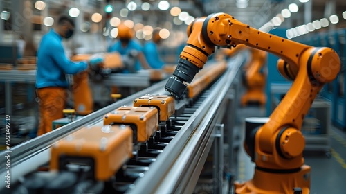 Collaborative Industrial Factory: Robotic Arms and Workers Unite in Orange Packaging Production Line with Modern Machinery and Technology