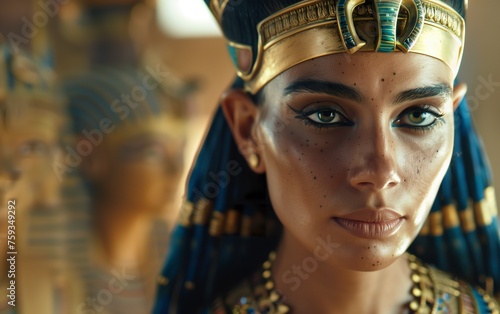 Representation of a young queen shrouded in the mystery and elegance of ancient Egypt. Powerful queen with fine features and a serene expression of a majestic presence.