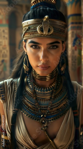 Representation of a young queen shrouded in the mystery and elegance of ancient Egypt. Powerful queen with fine features and a serene expression of a majestic presence.