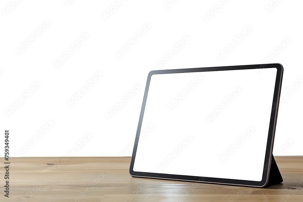 The tablet computer stands on the table with a blank white screen and transparent background. Screen display for mockup. The tablet computer stands on the table with a blank white screen and transparent background. Screen display for mockup.