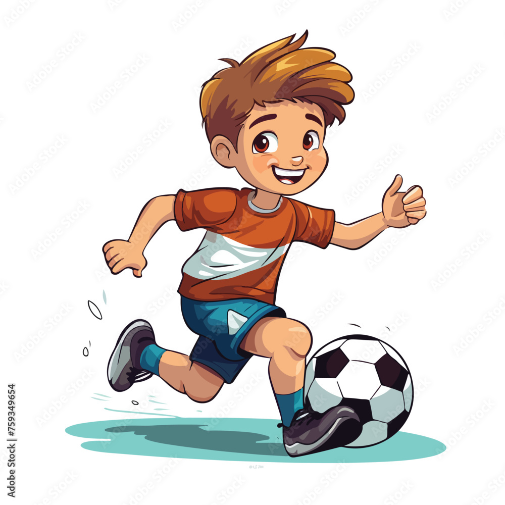 Cartoon boy playing soccer. Kid and soccer ball