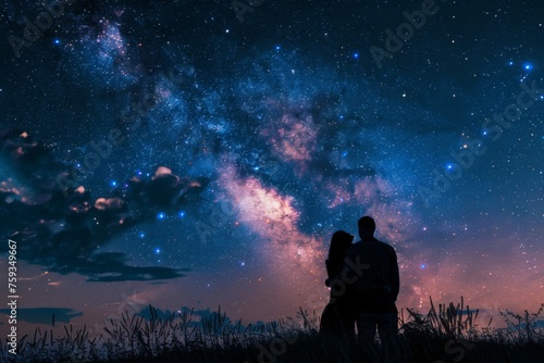 Couple under a vast star-filled evening sky - A romantic scene unfolds as a couple stands mesmerized by the magnificence of a sprawling starry sky above