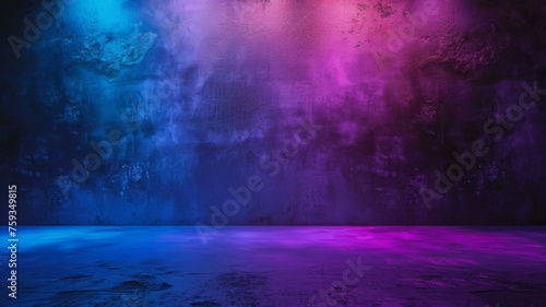 Gradient colored illuminated textured background - An empty scene with a gradient of vibrant blue and pink lights illuminating a textured wall in an abstract style