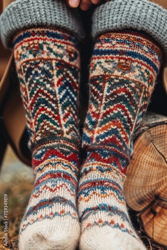 A close-up of stylish socks, showcasing intricate textures and patterns. Perfect for sock ads and fashion blogs! 🧦✨👣