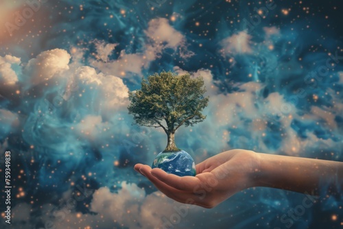 Hand holding a tree growing on a small planet - A conceptual art piece featuring a hand holding a tree sprouting from a tiny planet against a cosmic backdrop