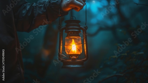 Hand holding an illuminated lantern in a dark forest - An orange glow emits from a lantern held by a hand, shrouding the forest in a mysterious, ethereal light