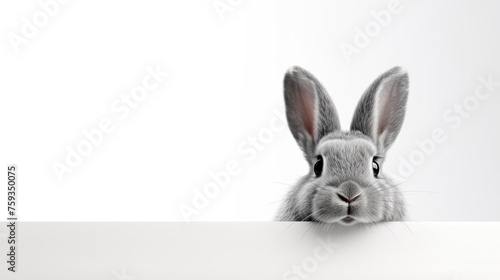 Surprised Funny Cute Bunny with Big Eyes looking out of white banner on Light Background, Cute Animal Portrait © JuliaDorian