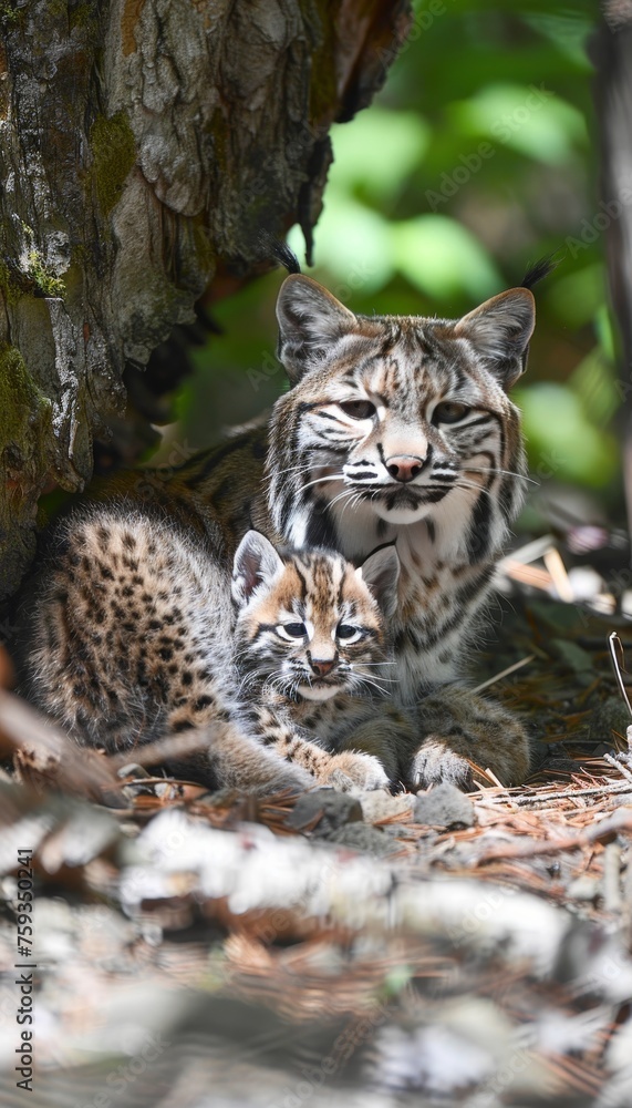 Naklejka premium Male bobcat and kitten portrait with spacious area on the left for versatile text insertion