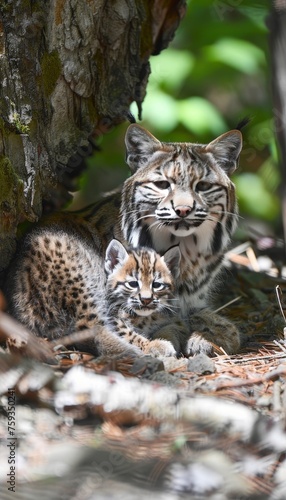 Male bobcat and kitten portrait with spacious area on the left for versatile text insertion