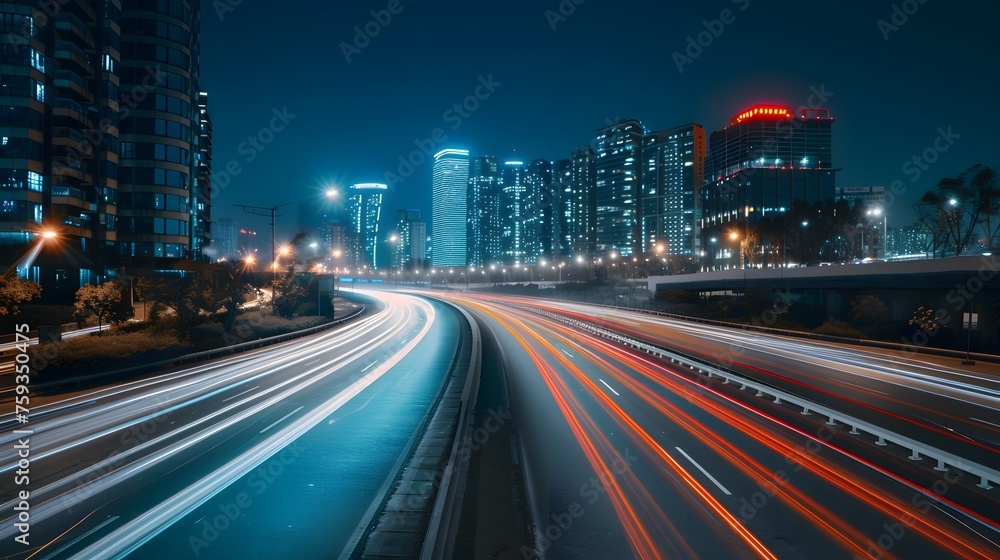 Long exposure dynamic speed light from cars. Highway city road. night skyscraper. 