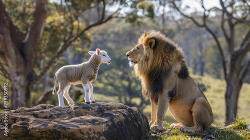 Rare and beautiful scene  lion and lamb coexist in perfect harmony and peaceful unity