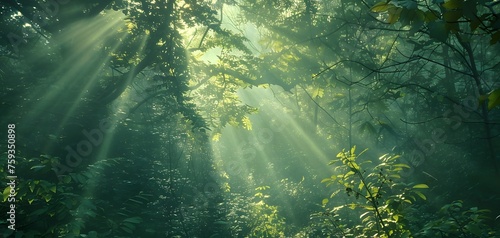 Green nature forest view with sunbeam in the morning.