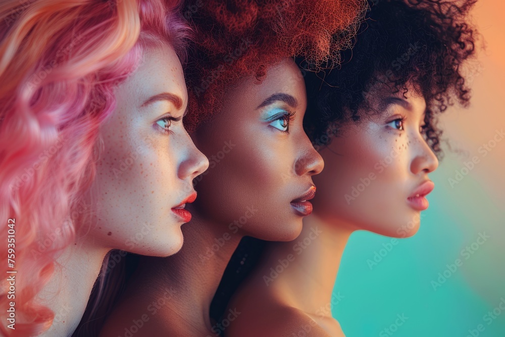 Three Women With Distinctive Hairstyles Showcasing Diversity and Beauty in a Colorful Studio Setting
