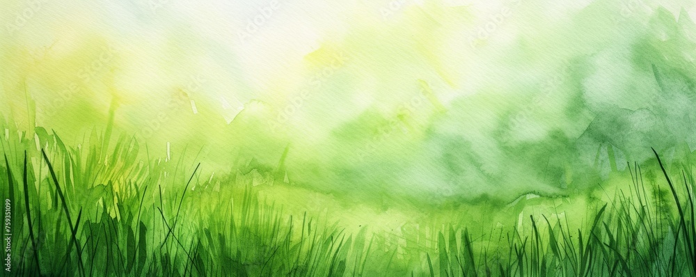 Green watercolor landscape with morning mist