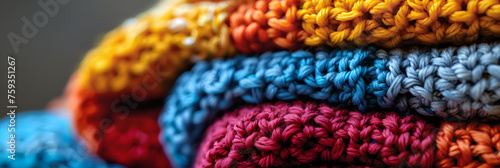 Vibrant multi-colored crocheted blankets in a cl,   The symphony of individual threads in fabric, background image,   © Ajay
