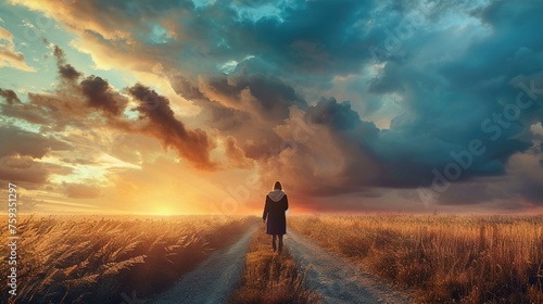 A person stands in the middle of a dirt path leading through a golden wheat field, facing away from the camera towards a vivid sunrise or sunset. The sun casts a warm glow over the scene, illuminating