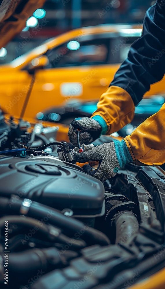 Skilled auto mechanic performing precise car repairs at a professional service center Skilled auto mechanic performing precise car repairs at a professional service center