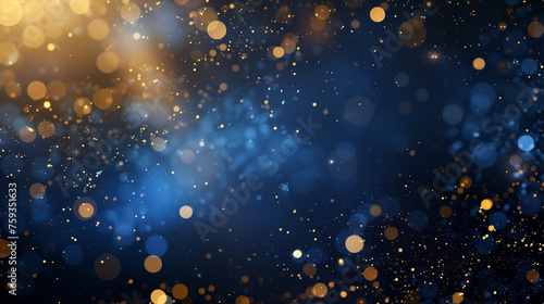 Holiday and Christmas Background with Dark Blue and Gold Particles and Shiny Bokeh on Navy Blue Background