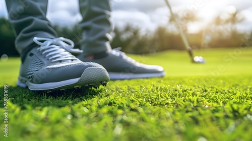 Close up of a golfer's legs swinging a golf club on a green field. photo