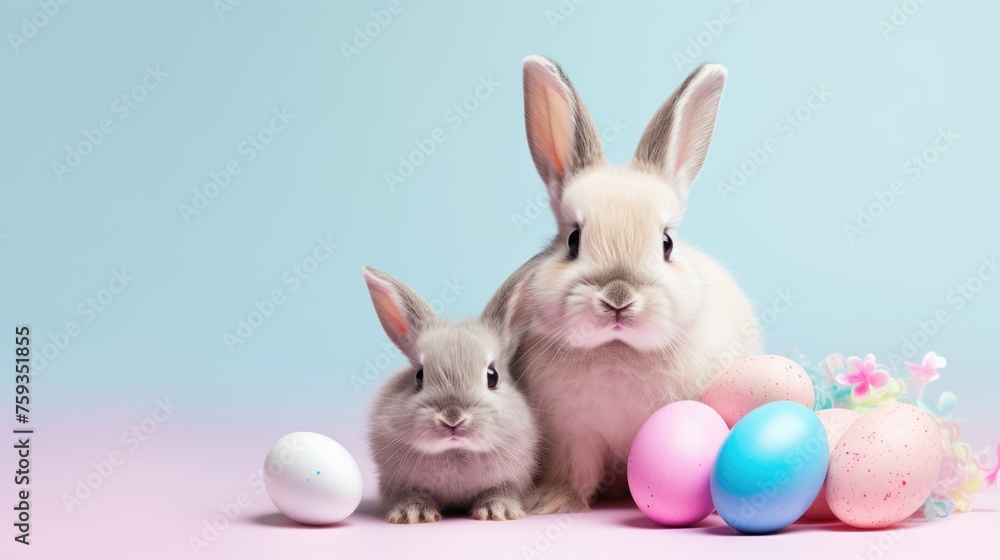 Two cute rabbits with colorful Easter eggs on blue background