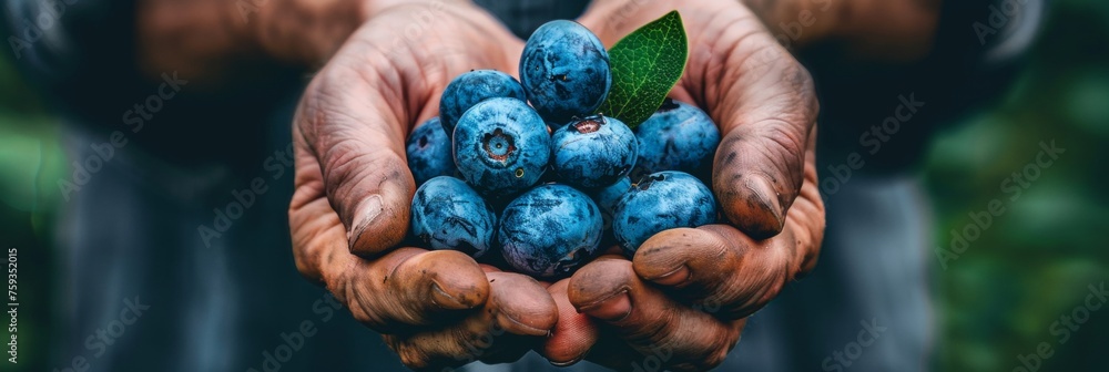Fresh plump blueberries held in hand on blurred background, ideal for text placement - obrazy, fototapety, plakaty 