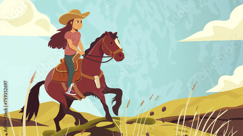 Garota montada em um cavalo - Ilustração infantil