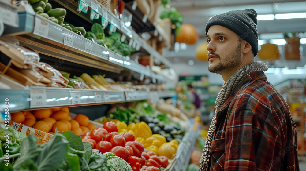 Young Man at grocery store buy vegetables