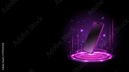 Smartphone and hologram projector. Futuristic 3D cellphone concept with sci-fi digital high-tech elements. Magic circle teleportation podium with a mobile phone. Vector illustration