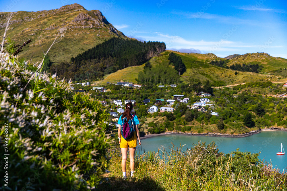 Naklejka premium pretty backpacker girl enjoys the coastal walk between pony point and lyttelton near christchurch, canterbury, new zealand south island; hiking on the coast with the view of banks peninsula