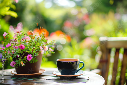 Cup of Tea Coffee on a Table on an Outdoor Patio Spring Flowers Green Grass