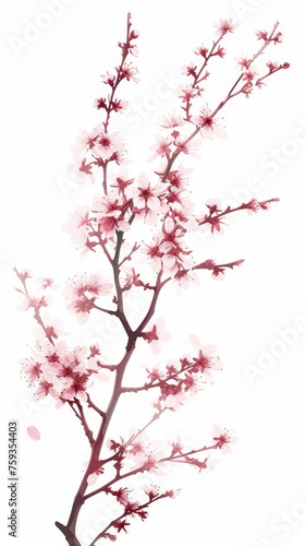 Branch With Pink Flowers on White Background