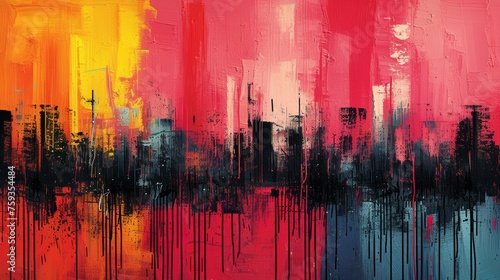 Abstract Cityscape Painting in Red and Black Tones