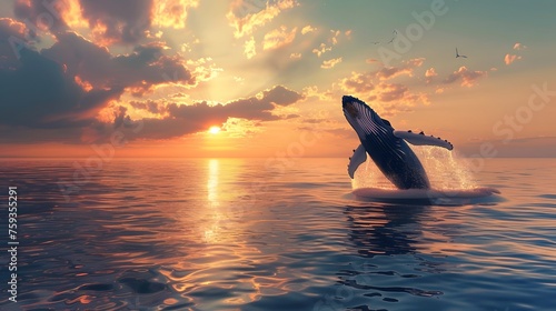 A humpback whale jumping out of the sea water at a beautiful sunset © Ziyan Yang