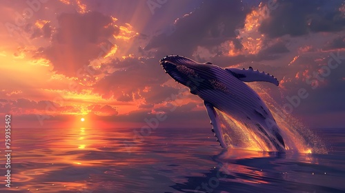 A humpback whale jumping out of the sea water at a beautiful sunset
