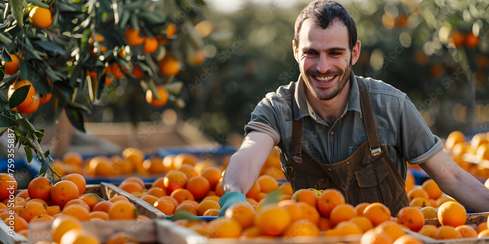 Happy farm worker working in a mandarin farm