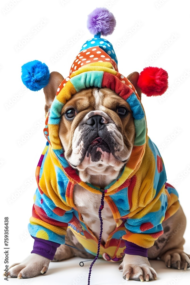bulldog dog wearing a funny colourful clown costume isolated on white background