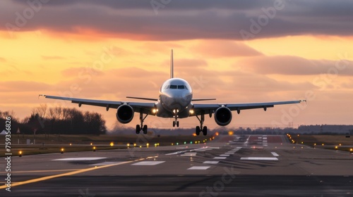 A large jet plane landing on a lit runway at sunset, The plane is in close-up