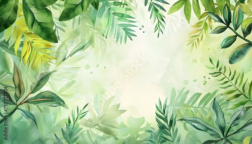 Watercolor green background with tropical plants