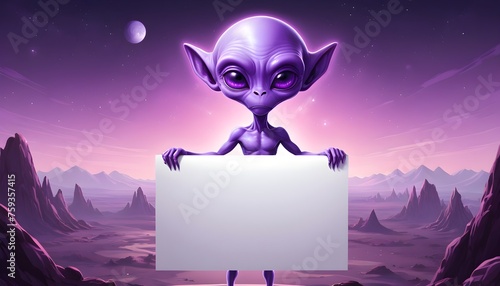 A cute purple alien specie holding a empty banner firlmy by its hands for the purpose of custom writing later on